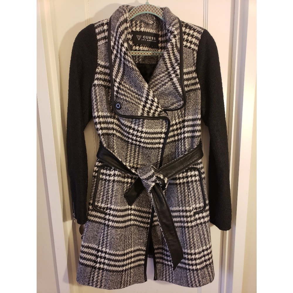 Guess Belted Wool Plaid ContrastSleeve Trench Coat - Picture 4 of 6